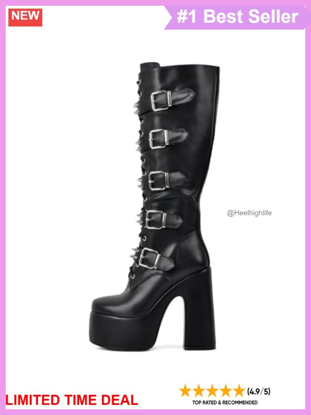 Knee-High Combat Boots Chunky High Heel Platform Silver Buckles Studs Lace-Up